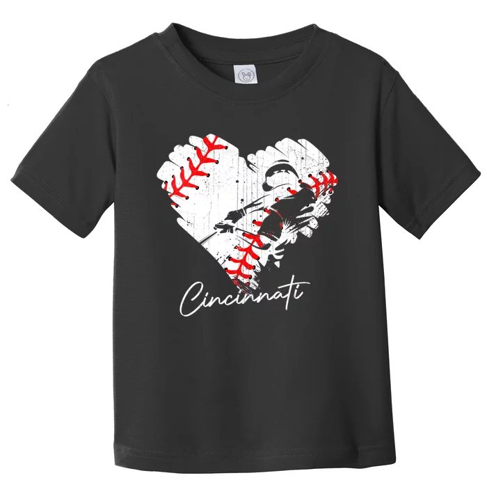 Womens Cincinnati Baseball Heart Distressed Vintage Baseball Toddler T-Shirt