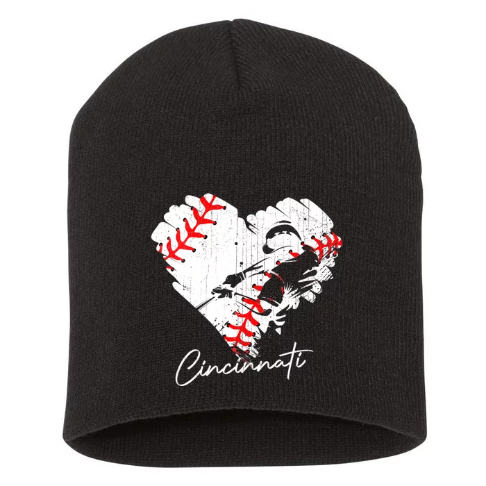 Womens Cincinnati Baseball Heart Distressed Vintage Baseball Short Acrylic Beanie