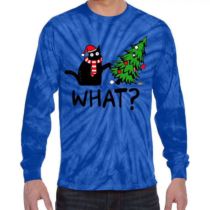 What Christmas Black Cat Pushing Christmas Tree Funny Cat Meaningful Gift Tie-Dye Long Sleeve Shirt