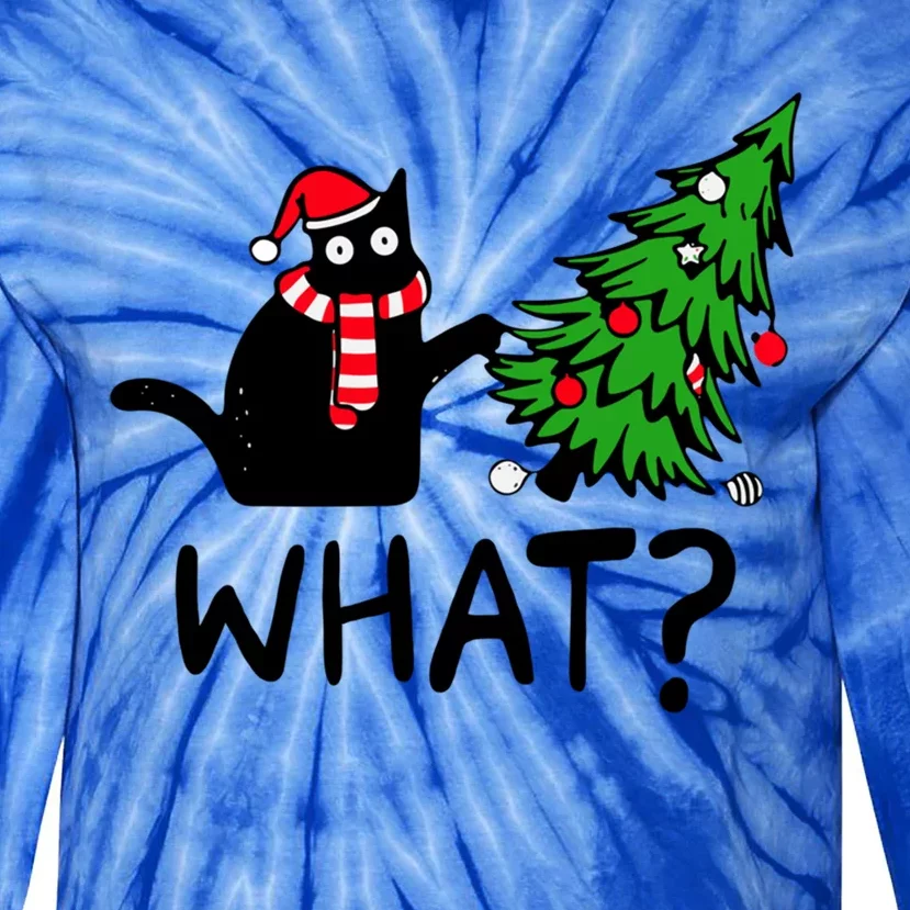 What Christmas Black Cat Pushing Christmas Tree Funny Cat Meaningful Gift Tie-Dye Long Sleeve Shirt