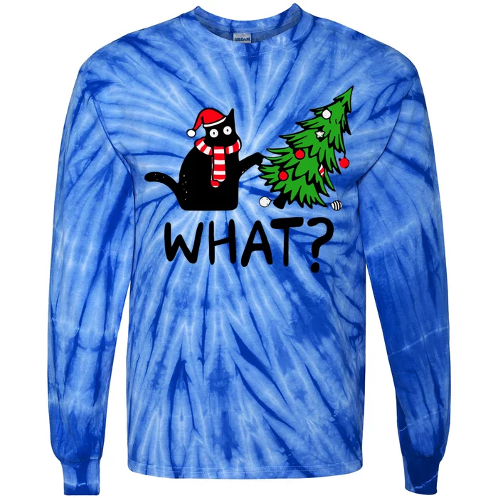 What Christmas Black Cat Pushing Christmas Tree Funny Cat Meaningful Gift Tie-Dye Long Sleeve Shirt