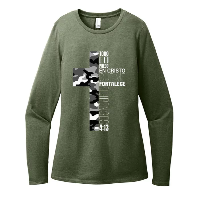 White Camo Christian Verse Spanish Filipenses 413 EspañOl Womens CVC Long Sleeve Shirt