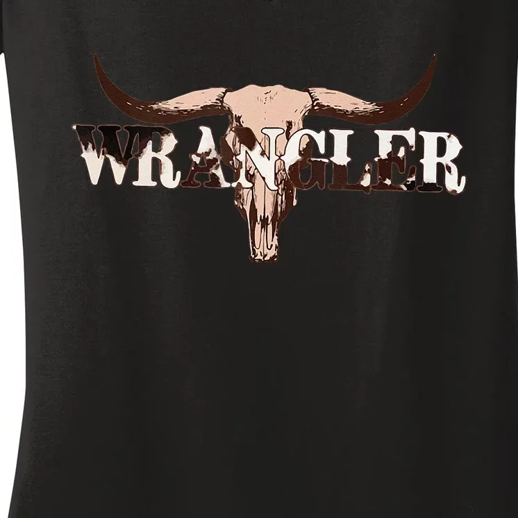 Wrangler Cowhide Cow Skull Cow Print Wrangler Women's V-Neck T-Shirt