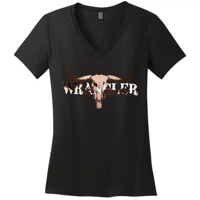 Wrangler Cowhide Cow Skull Cow Print Wrangler Women's V-Neck T-Shirt