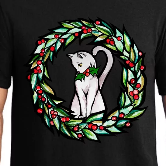 White Cat Christmas Wreath Art Funny Gift Pajama Set