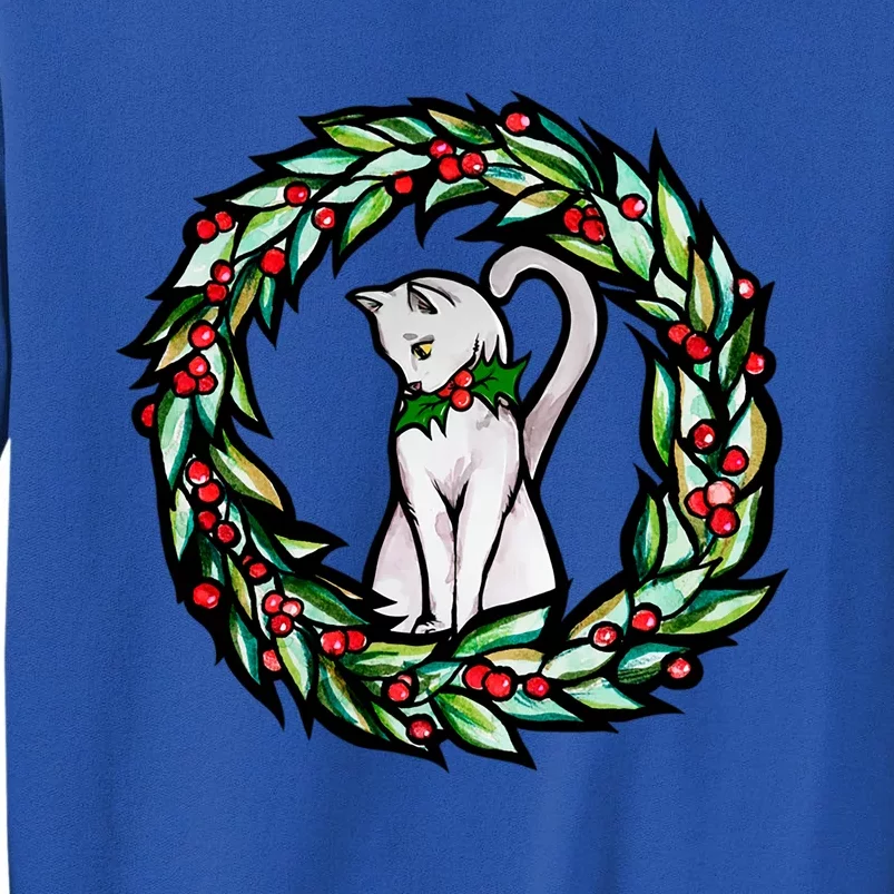 White Cat Christmas Wreath Art Funny Gift Sweatshirt