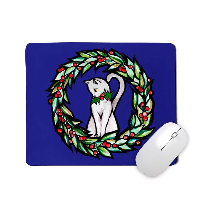 White Cat Christmas Wreath Art Funny Gift Mousepad