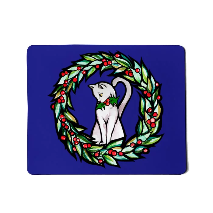 White Cat Christmas Wreath Art Funny Gift Mousepad