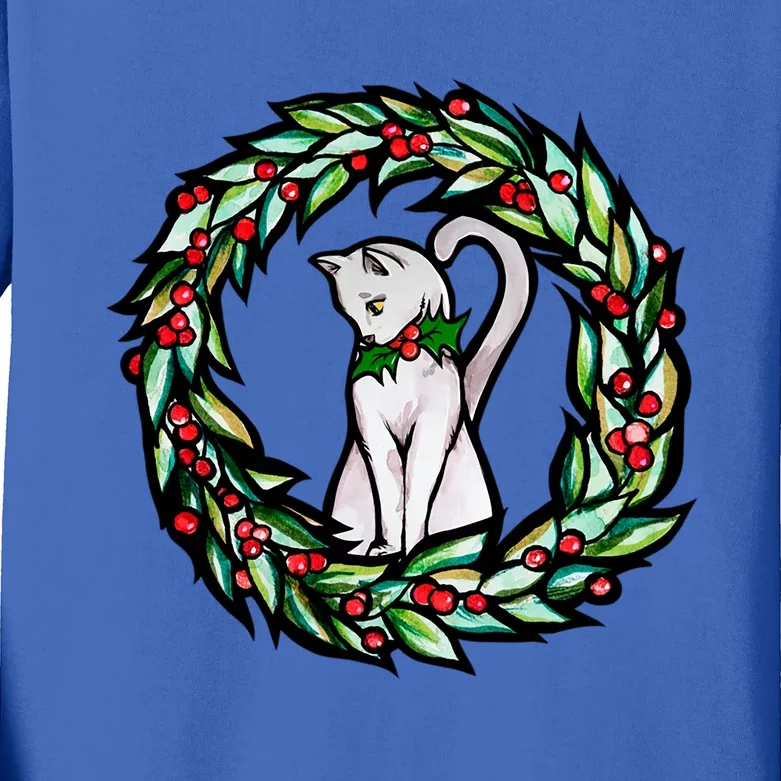 White Cat Christmas Wreath Art Funny Gift Kids Long Sleeve Shirt