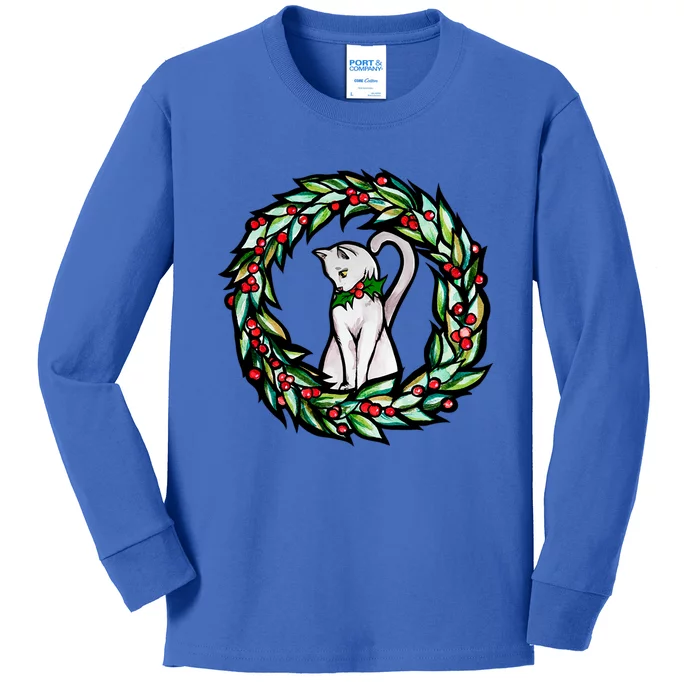 White Cat Christmas Wreath Art Funny Gift Kids Long Sleeve Shirt