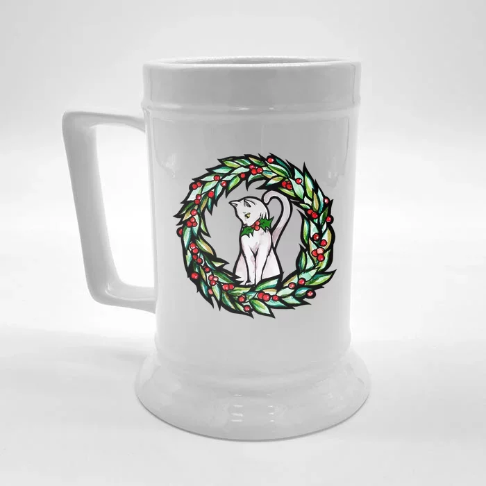 White Cat Christmas Wreath Art Funny Gift Front & Back Beer Stein