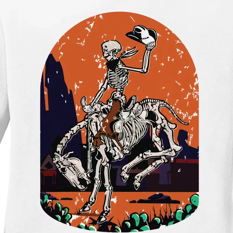 Western Country Cowgirl Cowboy Skeleton Halloween Spooky Ladies Long Sleeve Shirt