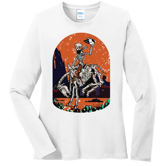 Western Country Cowgirl Cowboy Skeleton Halloween Spooky Ladies Long Sleeve Shirt