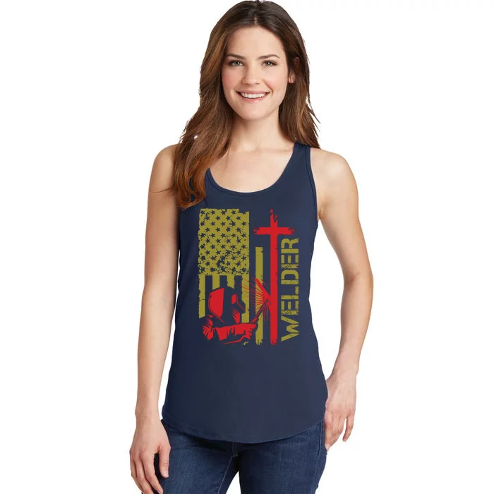 Weldingshirt Cross Christian Usa Flag Welder Dad Ladies Essential Tank