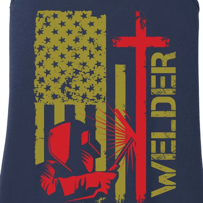 Weldingshirt Cross Christian Usa Flag Welder Dad Ladies Essential Tank