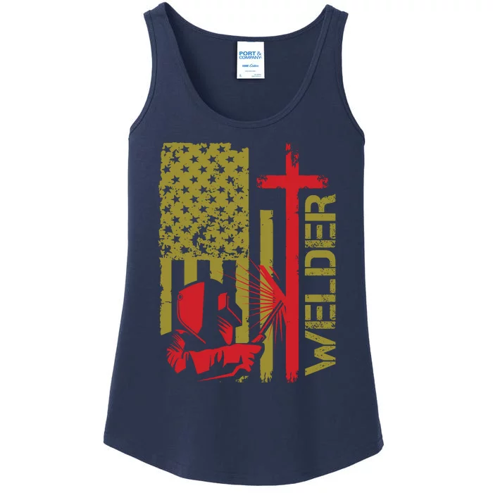 Weldingshirt Cross Christian Usa Flag Welder Dad Ladies Essential Tank