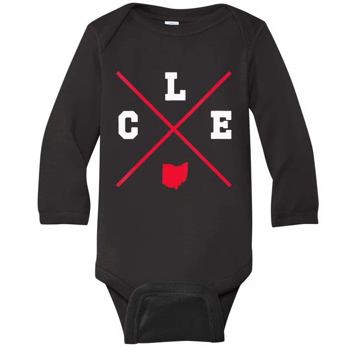 Womens Classic CLE Cleveland Ohio Red Vintage State Outline Baby Long Sleeve Bodysuit