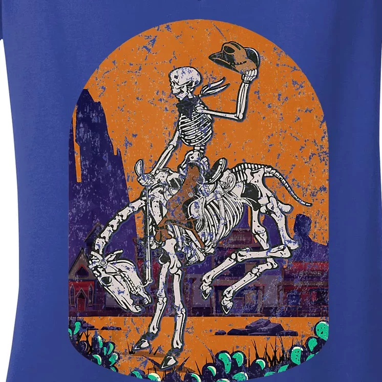 Western Country Cowboy Skeleton Halloween Spooky Women's V-Neck T-Shirt