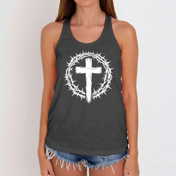 Wooden Cross Crown Of Thorns Christian Catholic Jesus Christ Women's Knotted Racerback Tank