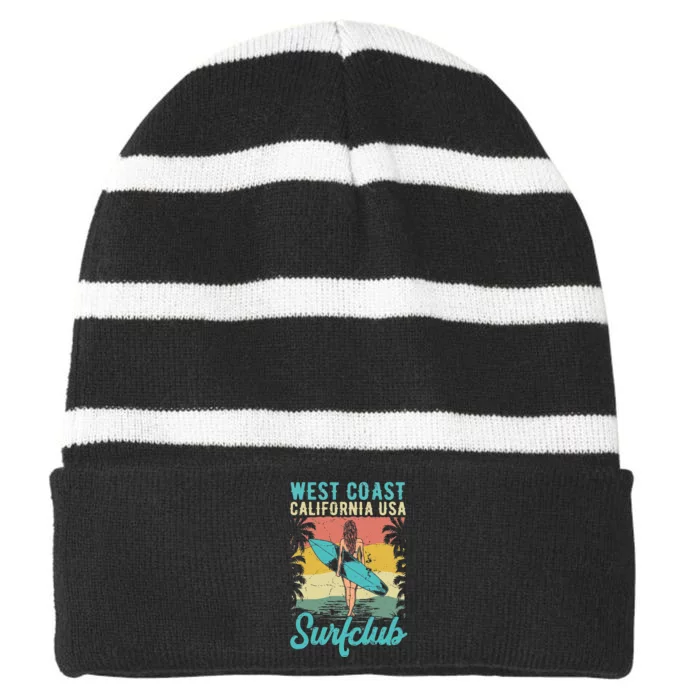 West Coast California USA Surf Club Tropical Beach Vacay Striped Beanie with Solid Band