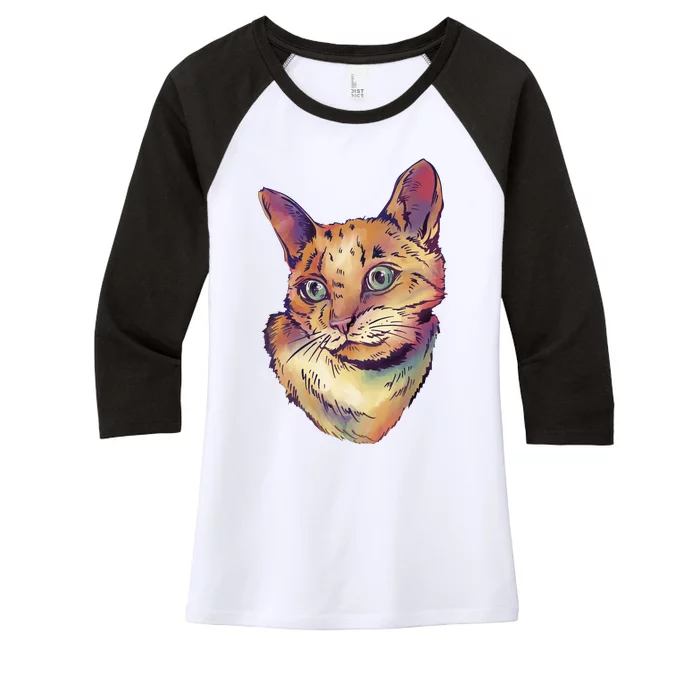 Watercolor Cute Cat Women's Tri-Blend 3/4-Sleeve Raglan Shirt