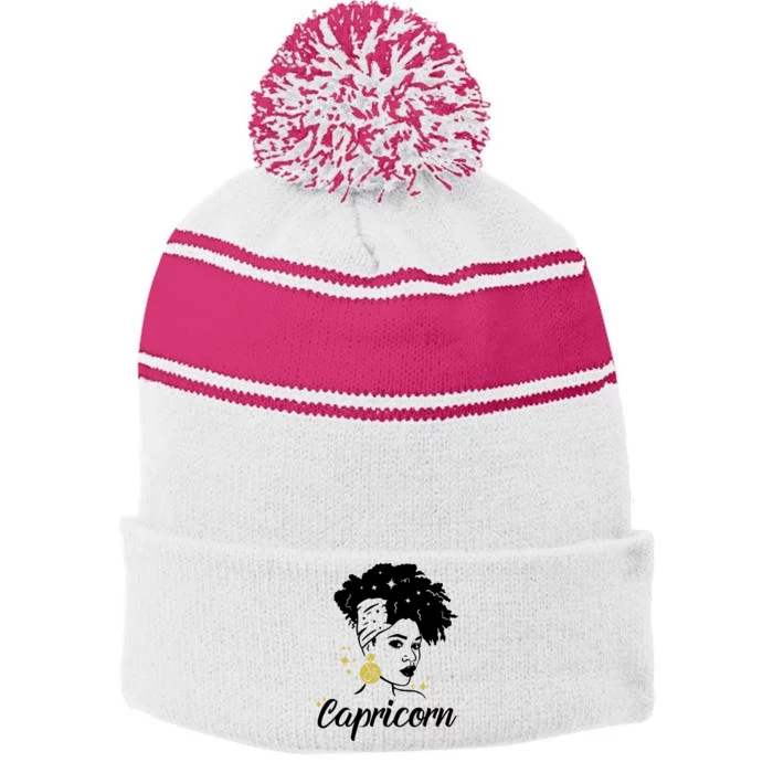 Wo Cute Capricorn Queen Zodiac Lover Messy Bun Gift Stripe Pom Pom Beanie