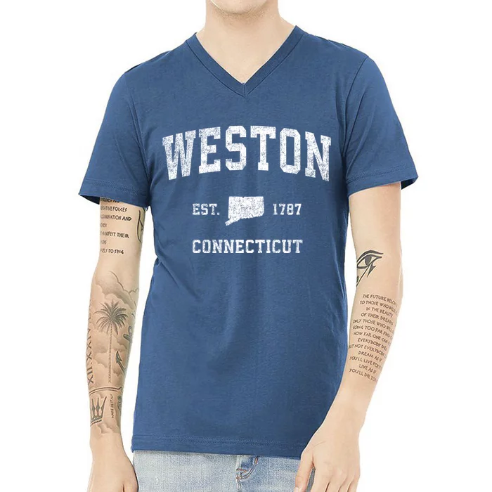 Weston Connecticut Ct Vintage Established Athletic Sports Design V-Neck T-Shirt