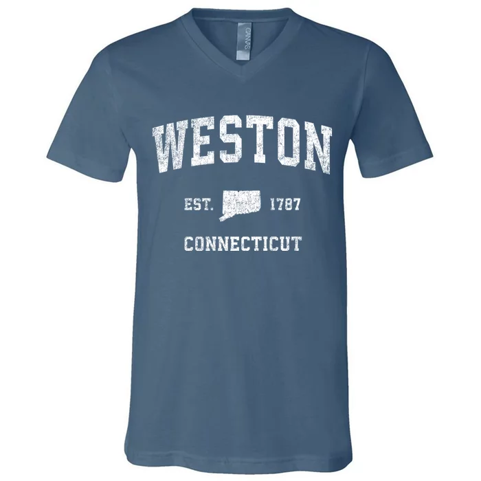 Weston Connecticut Ct Vintage Established Athletic Sports Design V-Neck T-Shirt