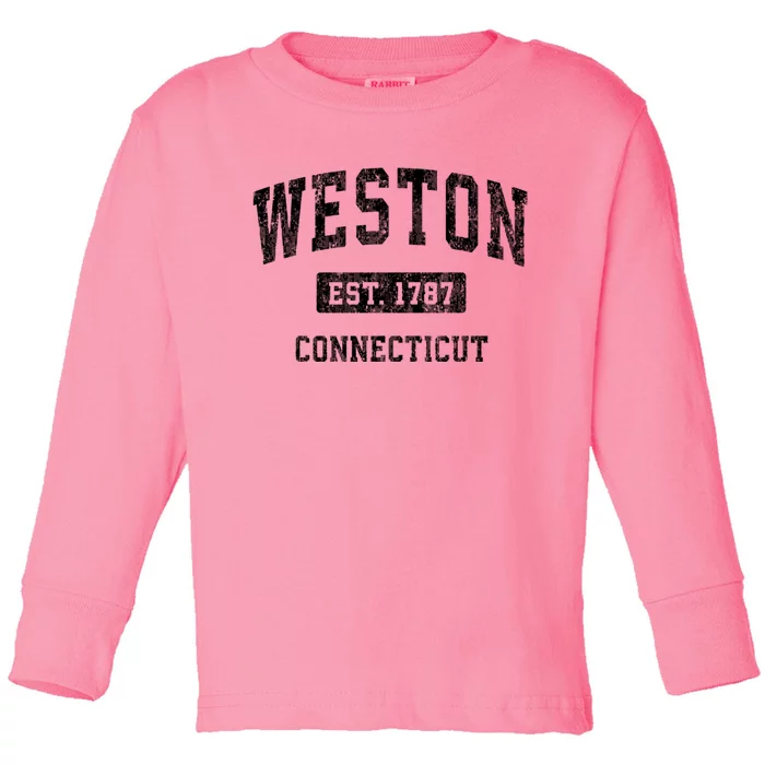 Weston Connecticut Ct Vintage Established Sports Design Black Design Toddler Long Sleeve Shirt