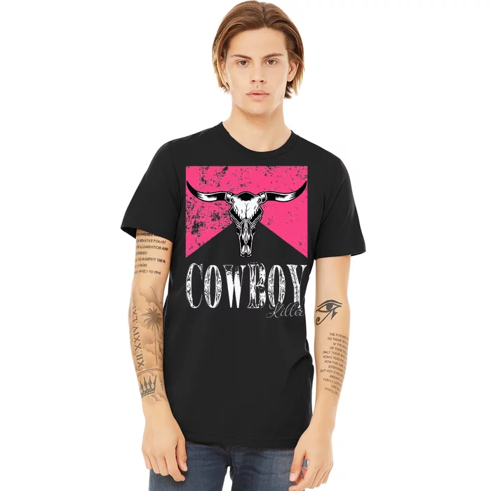 Western Cowgirl Cute Pink Cowboy Killers Bull Horn Skull Premium T-Shirt