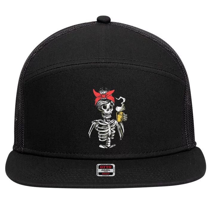 Women Coffee Drinking Skeleton Lazy Halloween Costume Scary 7 Panel Mesh Trucker Snapback Hat