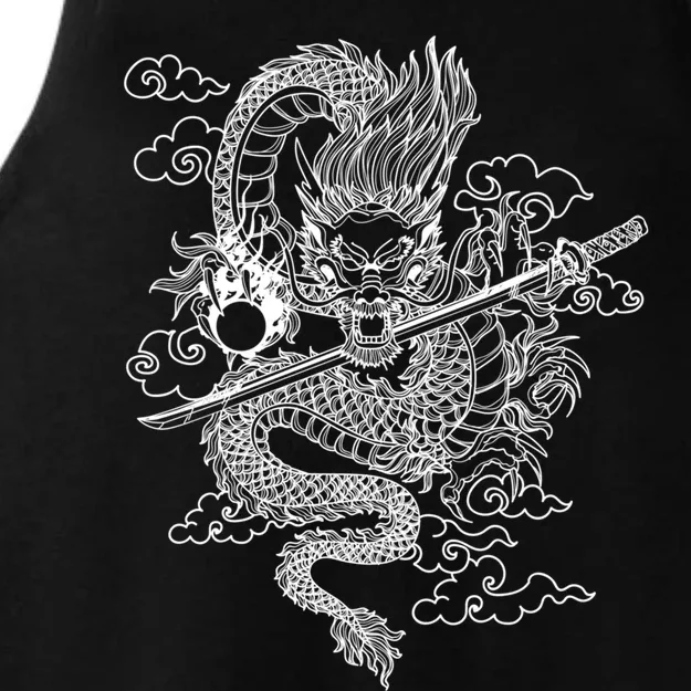 White Chinese Dragon With Black Background Ladies Tri-Blend Wicking Tank