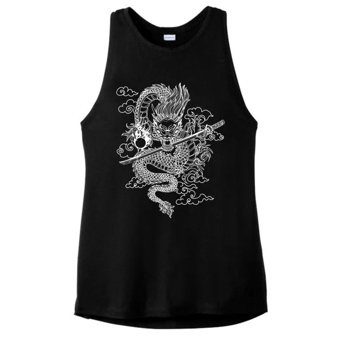 White Chinese Dragon With Black Background Ladies Tri-Blend Wicking Tank