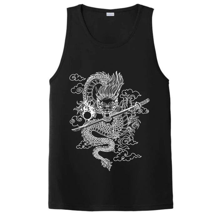 White Chinese Dragon With Black Background Performance Tank