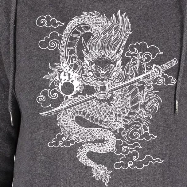 White Chinese Dragon With Black Background Womens Funnel Neck Pullover Hood