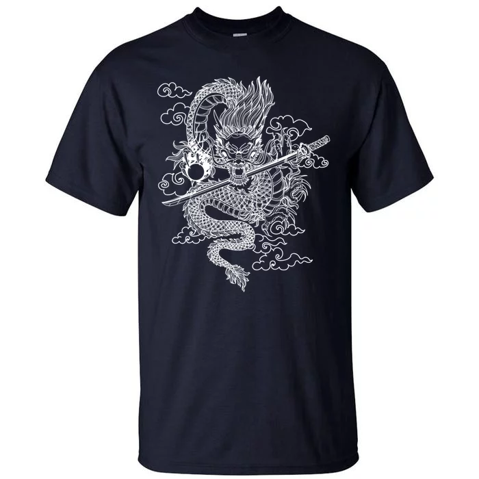 White Chinese Dragon With Black Background Tall T-Shirt