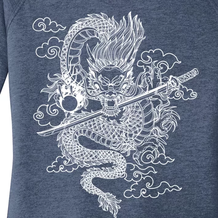 White Chinese Dragon With Black Background Women's Perfect Tri Tunic Long Sleeve Shirt