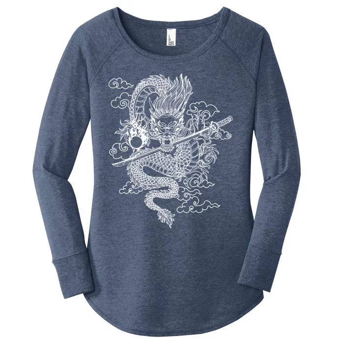 White Chinese Dragon With Black Background Women's Perfect Tri Tunic Long Sleeve Shirt