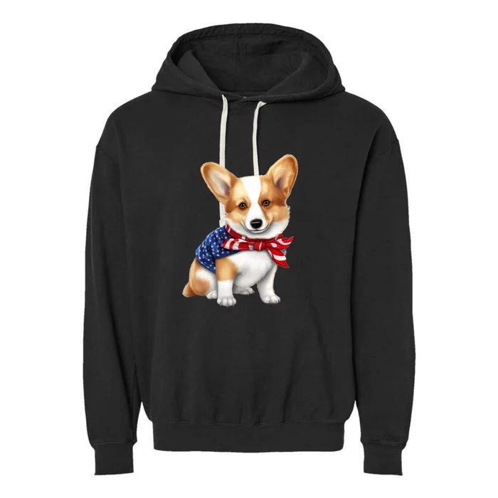 Welsh Corgi Dog Cute Welsh Corgi Puppy USA Flag Corgis Garment-Dyed Fleece Hoodie