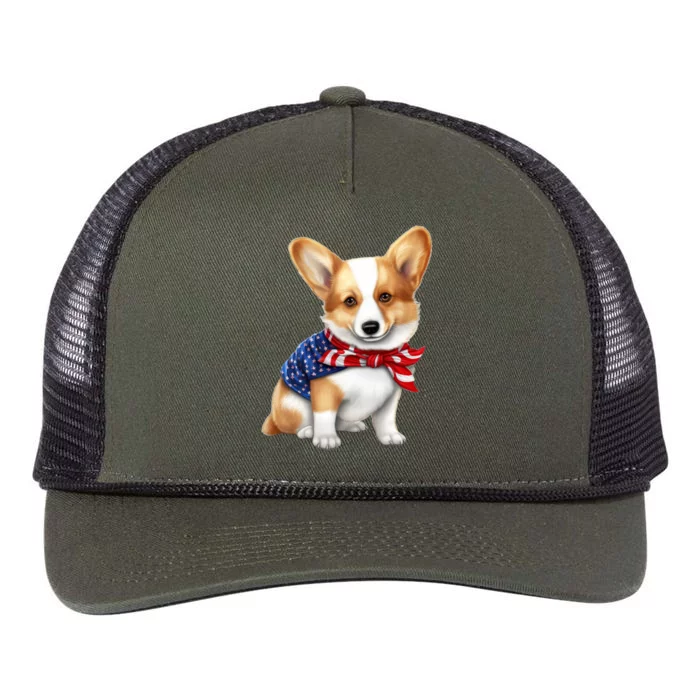 Welsh Corgi Dog Cute Welsh Corgi Puppy USA Flag Corgis Retro Rope Trucker Hat Cap