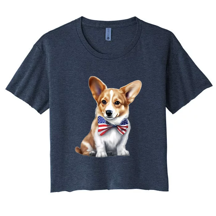 Welsh Corgi Dog Cute Welsh Corgi Puppy USA Flag Corgis Women's Crop Top Tee