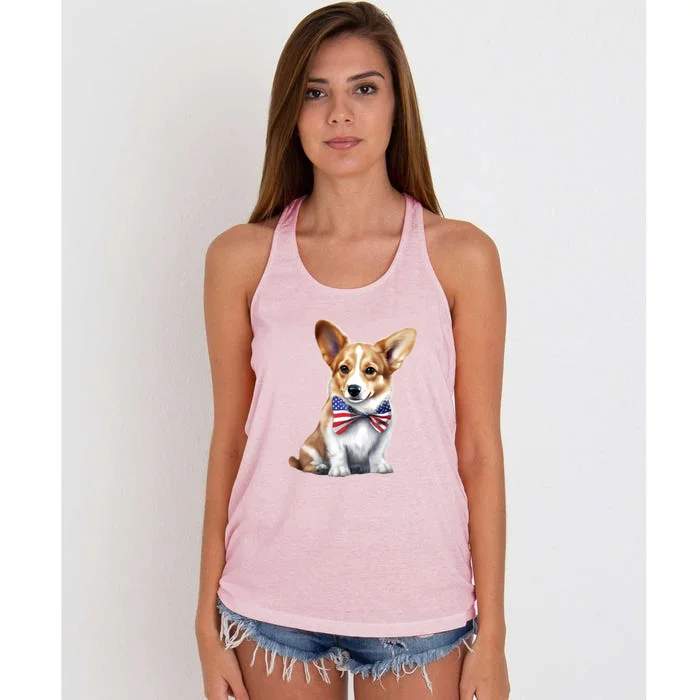 Welsh Corgi Dog Cute Welsh Corgi Puppy USA Flag Corgis Women's Knotted Racerback Tank