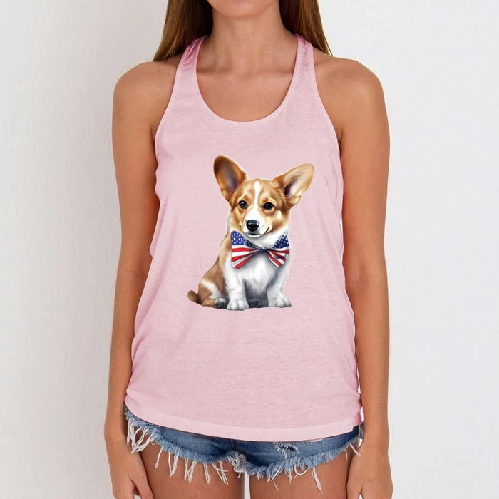 Welsh Corgi Dog Cute Welsh Corgi Puppy USA Flag Corgis Women's Knotted Racerback Tank