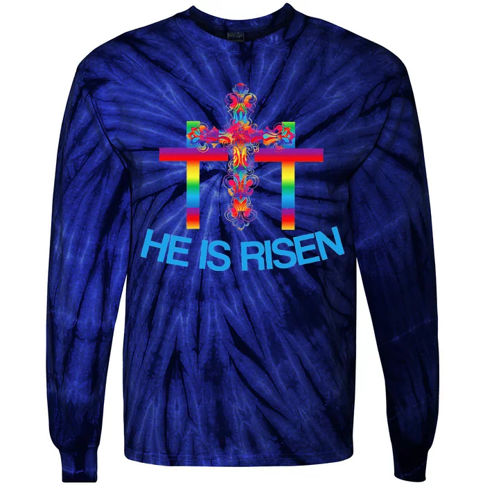 Womens Christian Easter Colorful Rainbow CrossHe Is Risen Tie-Dye Long Sleeve Shirt