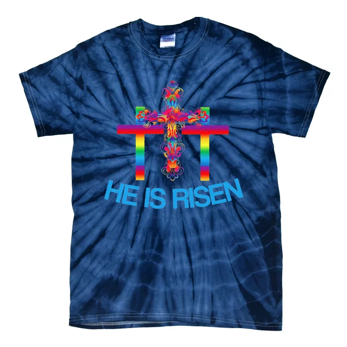 Womens Christian Easter Colorful Rainbow CrossHe Is Risen Tie-Dye T-Shirt