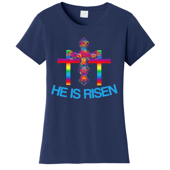 Womens Christian Easter Colorful Rainbow CrossHe Is Risen Women's T-Shirt