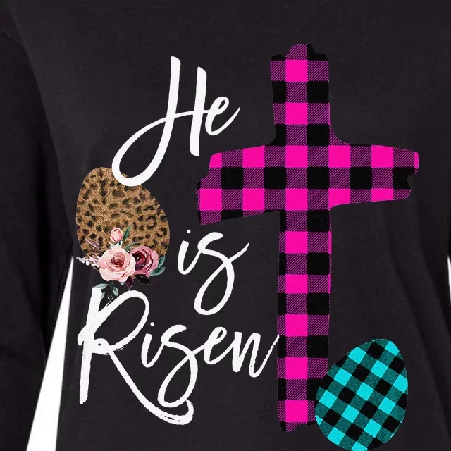 Womens Christian Easter Gifts He Is Risen Jesus Cross Buffalo Plaid Womens Cotton Relaxed Long Sleeve T-Shirt