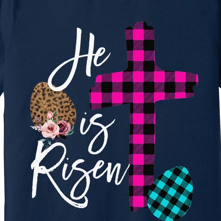 Womens Christian Easter Gifts He Is Risen Jesus Cross Buffalo Plaid Premium T-Shirt