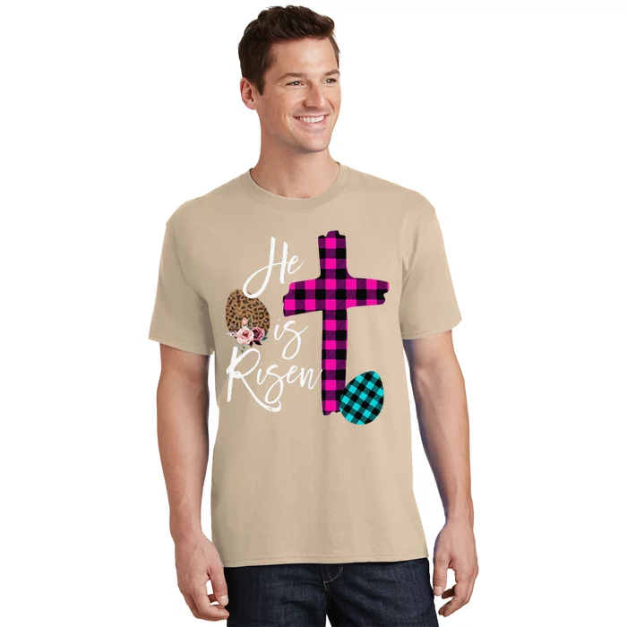 Womens Christian Easter Gifts He Is Risen Jesus Cross Buffalo Plaid T-Shirt