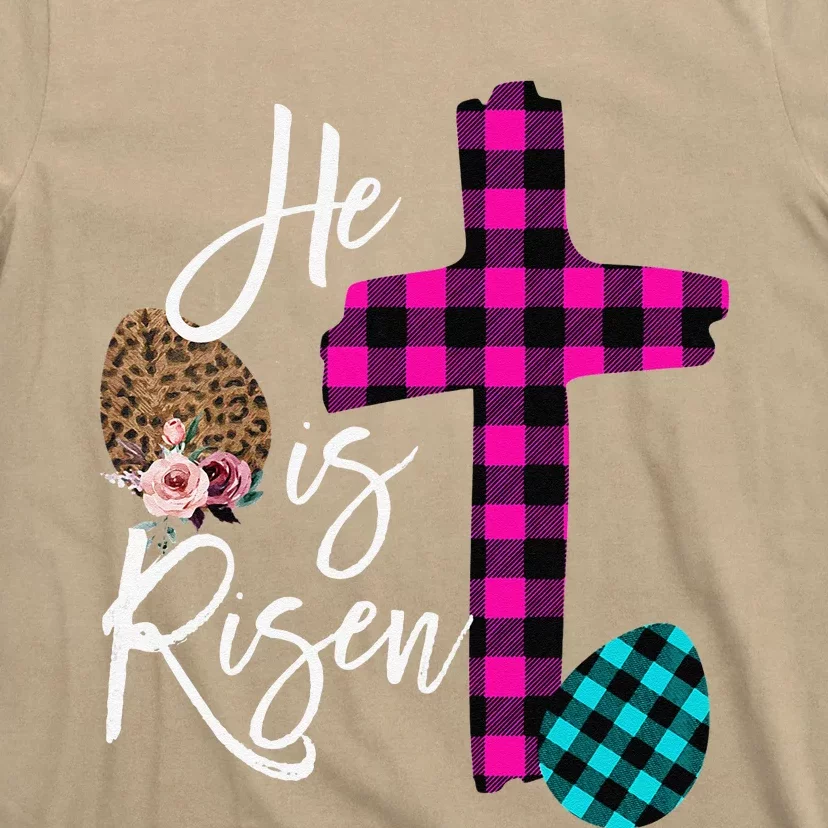 Womens Christian Easter Gifts He Is Risen Jesus Cross Buffalo Plaid T-Shirt